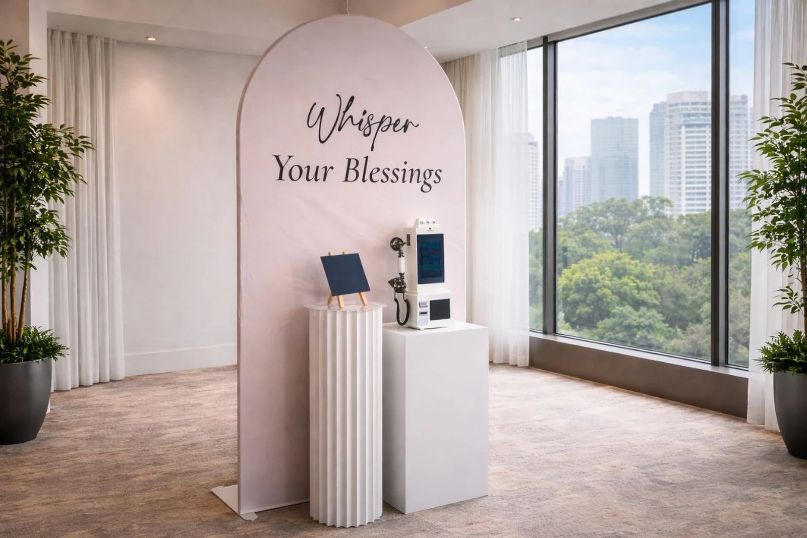 Real audio and video guest book setup with a vintage handset and arch backdrop reading Whisper Your Blessings
